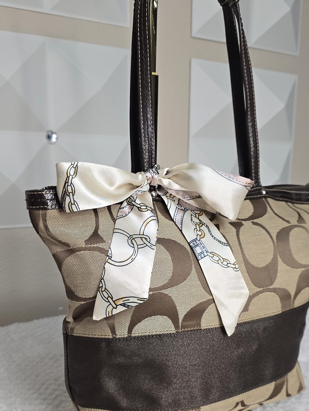 Coach Signature Stripe Canvas Tote Bag Brown Khaki Leather Trim Zip Top - Picture 3 of 11